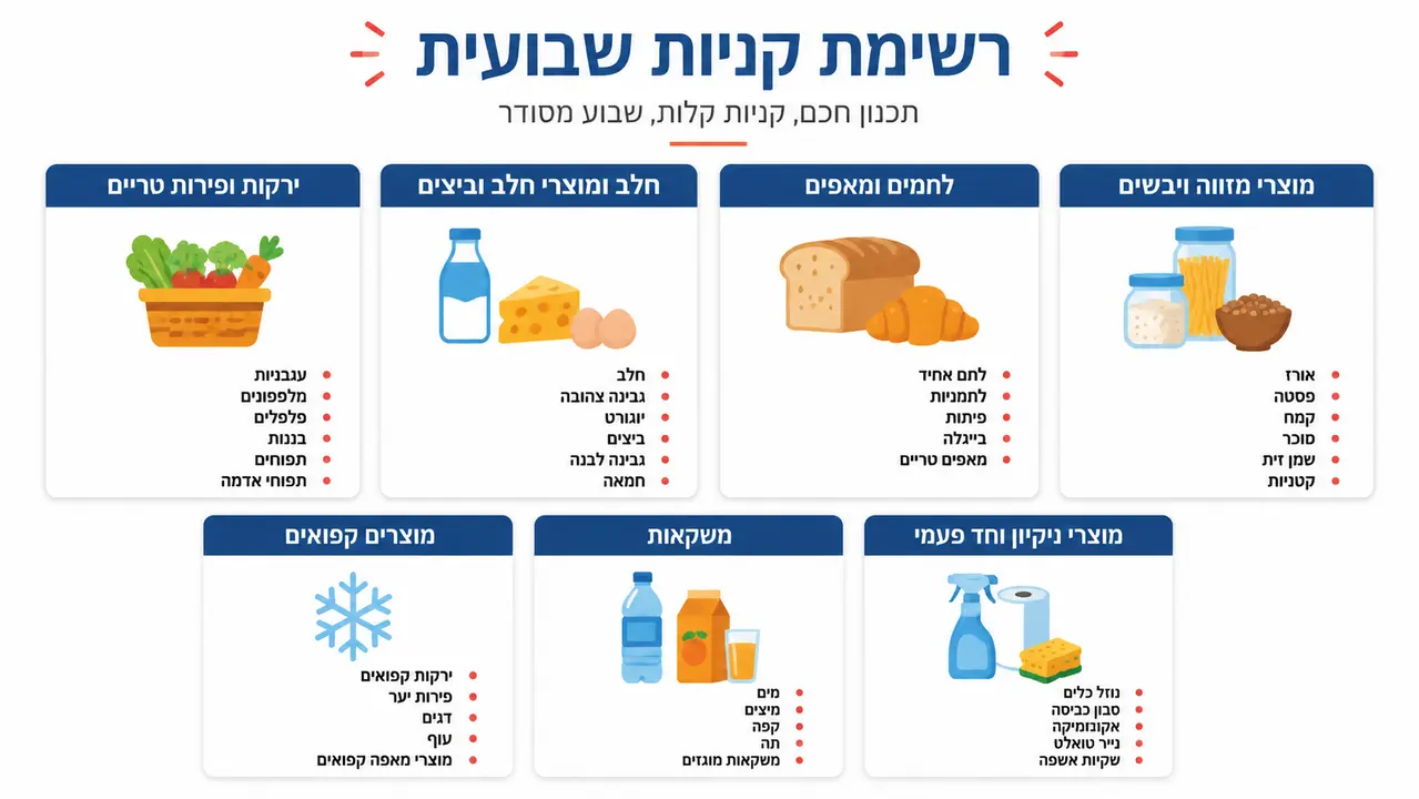 דוגמה לרשימת קניות שבועית מסודרת לפי קטגוריות