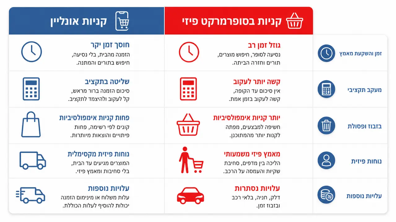 השוואה בין קניות אוכל באינטרנט לקנייה בסופר פיזי