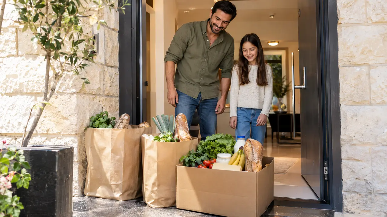 משלוח מזון מקיף של סופר משלוח עם ירקות ומוצרי צריכה
